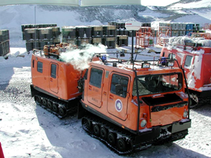 PistenBully transport vehicles, like this one, will take the team from McMurdo Station to their more remote research outpost.